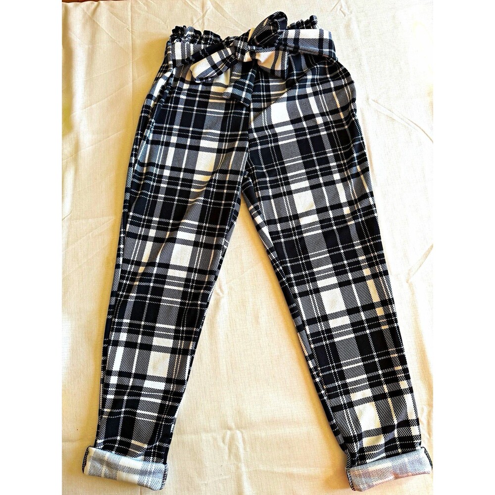 Arabella Women's Black/White Plaid Stretch Knit Jogger Pants Drawstring M 25"
